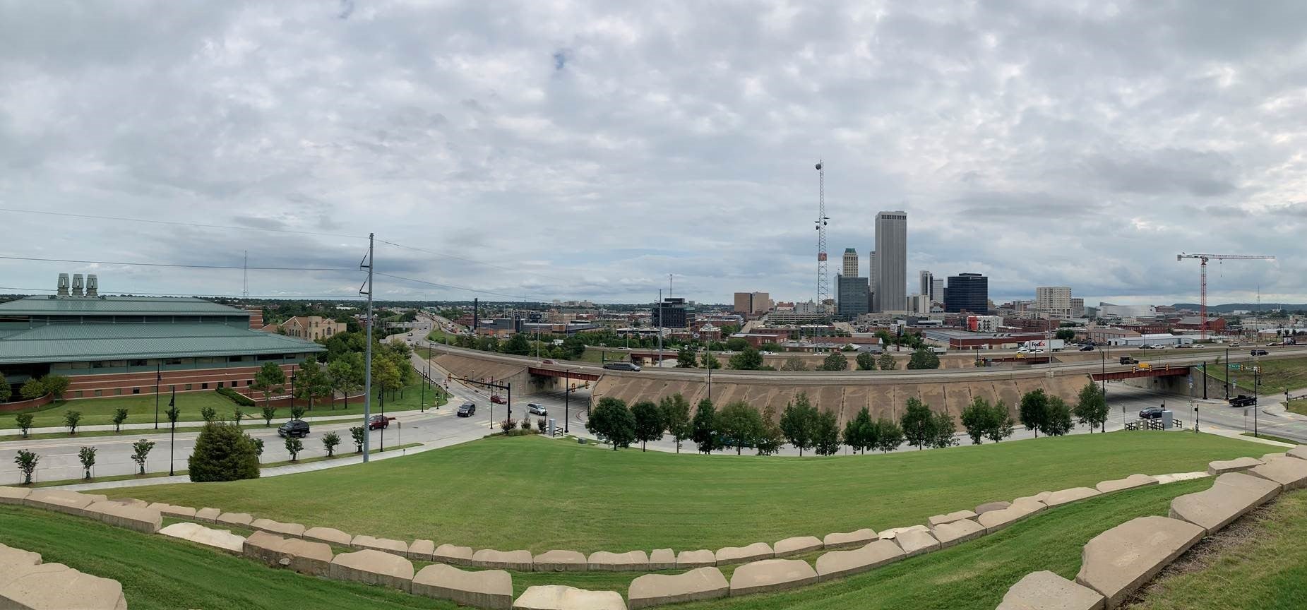 View from Standpipe Hill, where gunfire rang out between white assailants and black Tulsans in 1921 in the Greenwood neighborhood. Interstate 244 is now seen cutting through Greenwood. 