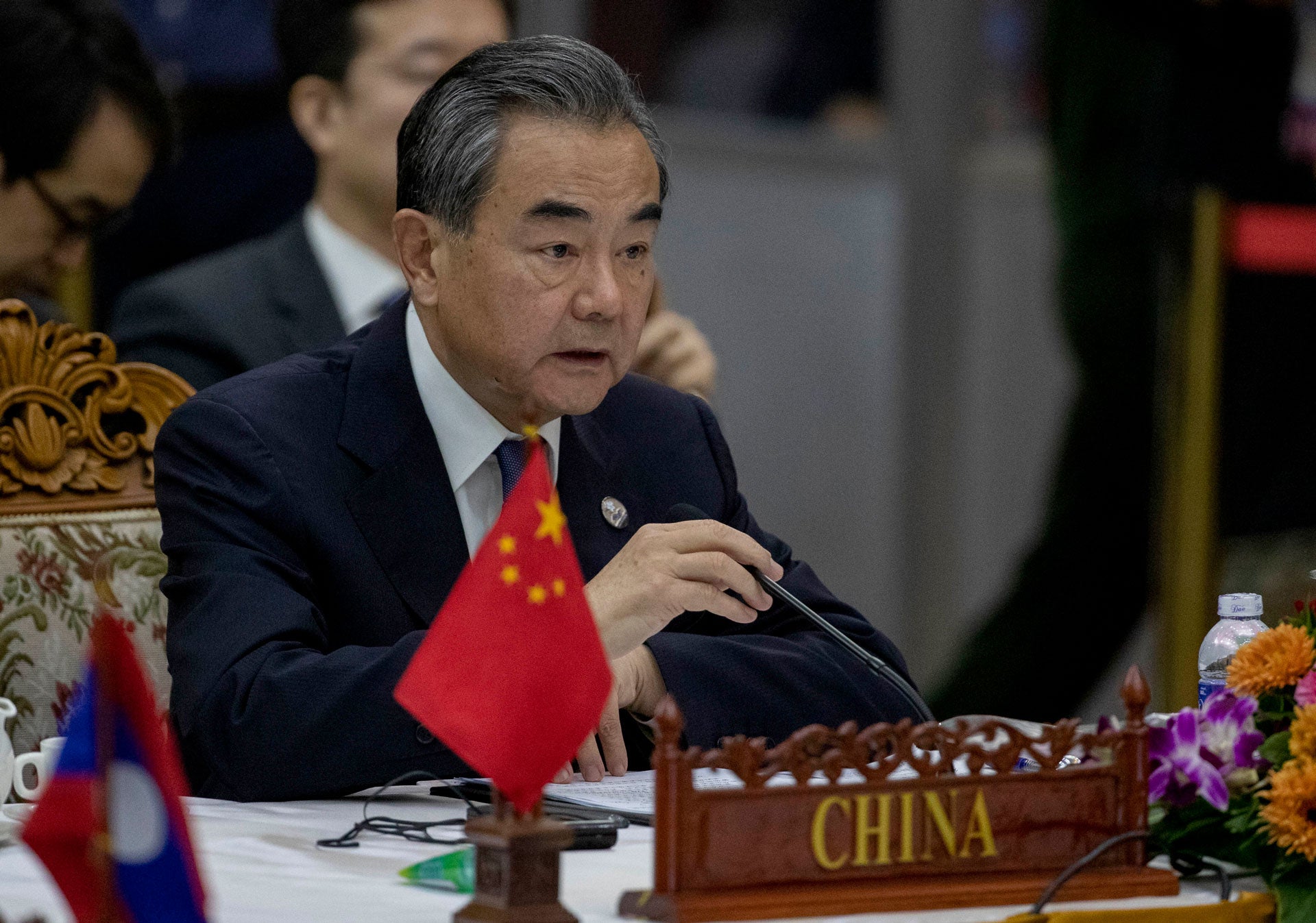 Chinese Foreign Minister Wang Yi speaks during the Special ASEAN-China Foreign Ministers' meeting on the Novel Coronavirus in Vientiane, Laos, February 20, 2020.