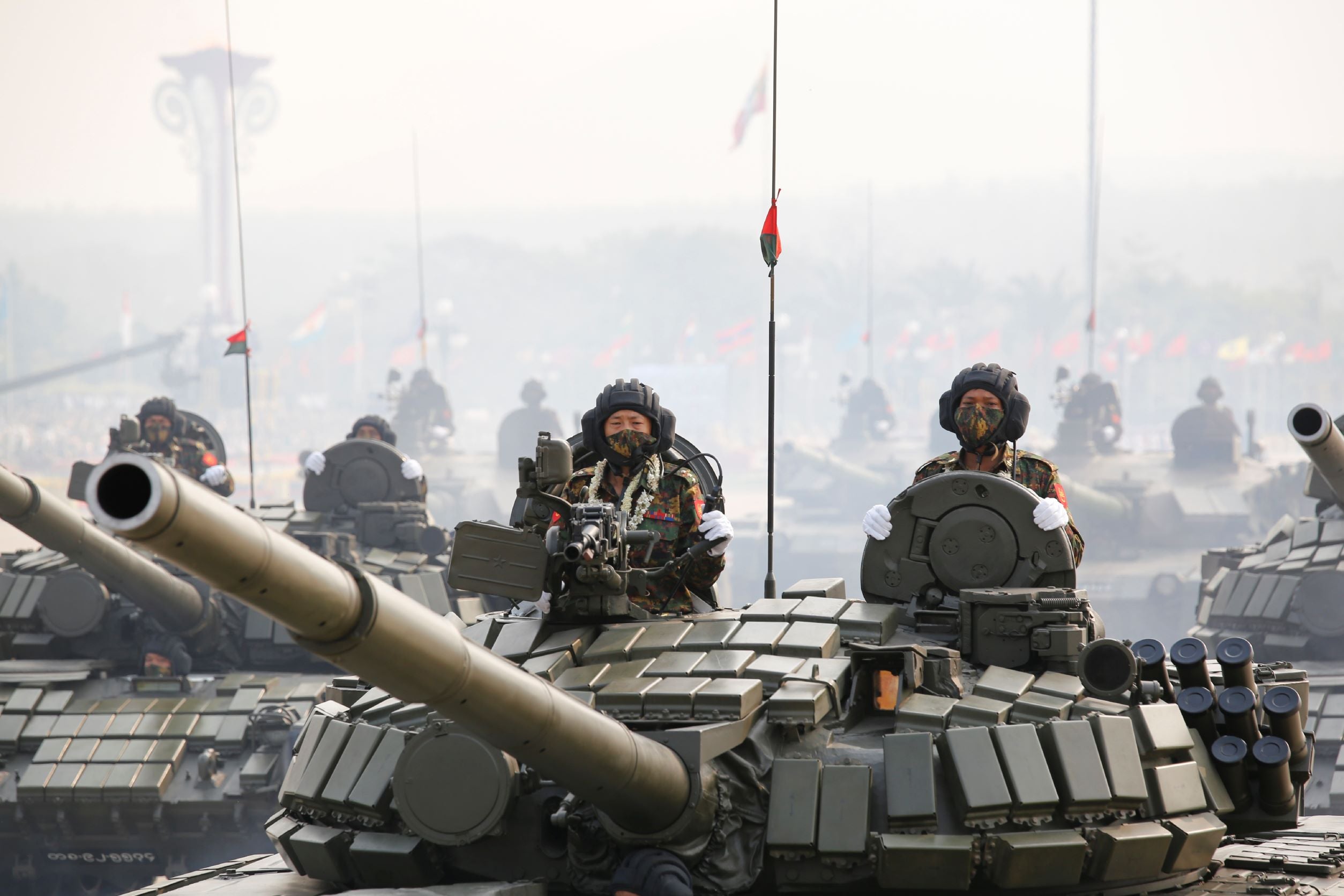 Military personnel participate in a parade on Armed Forces Day in Naypyidaw, Myanmar, Saturday, March 27, 2021.
