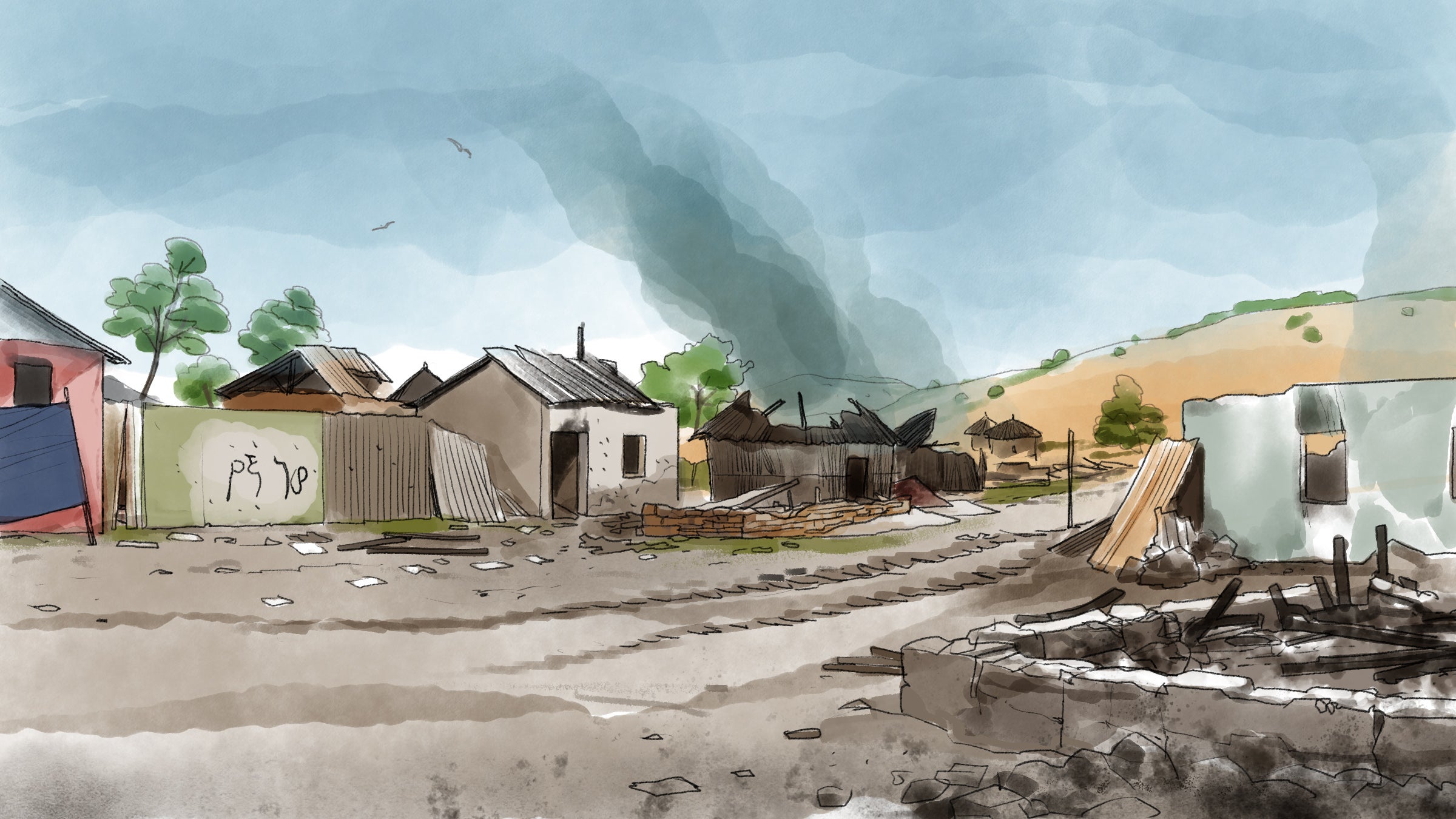 Illustration of burning buildings