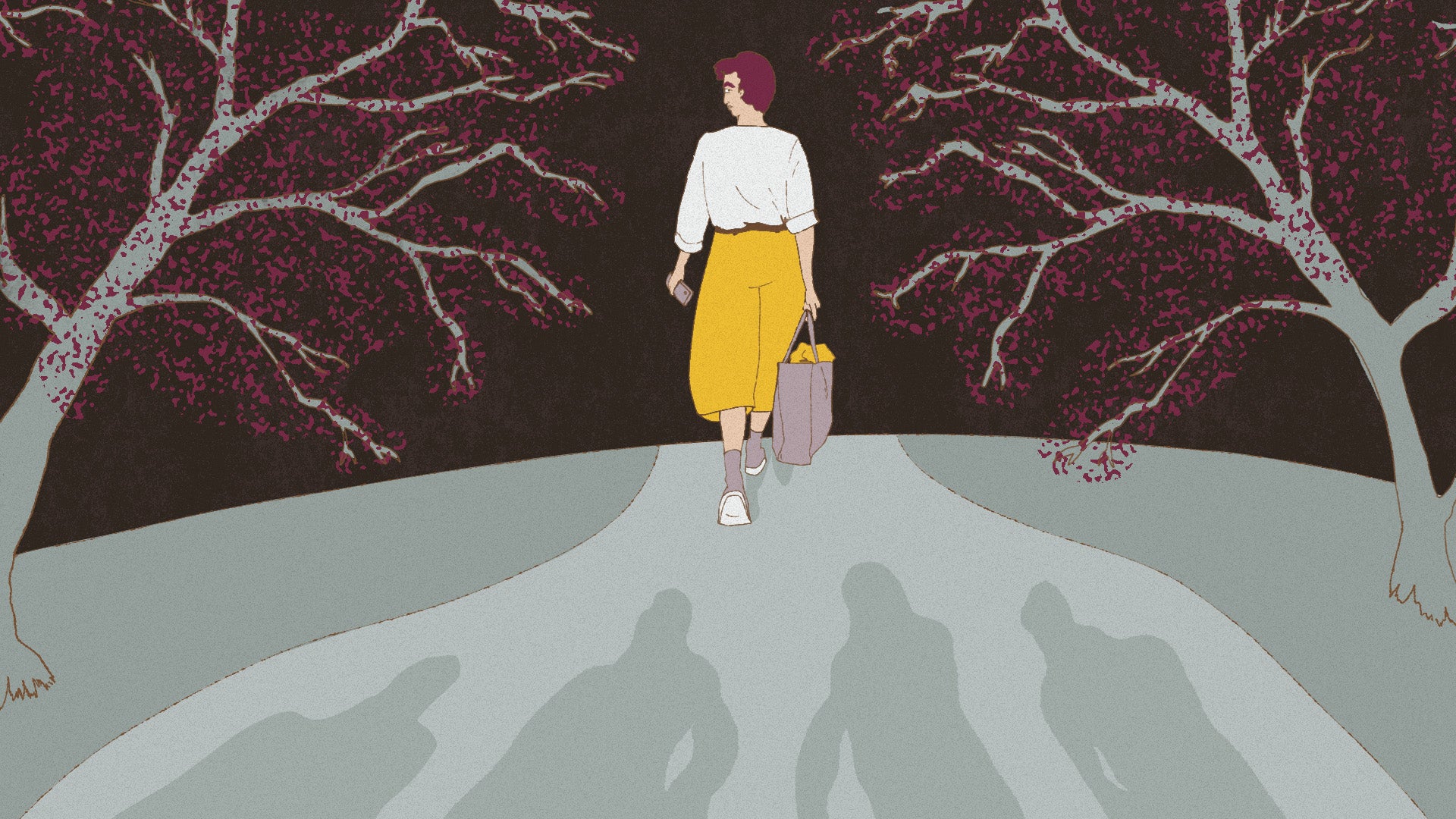 A person holding a cell phone is followed by shadowed men on the street