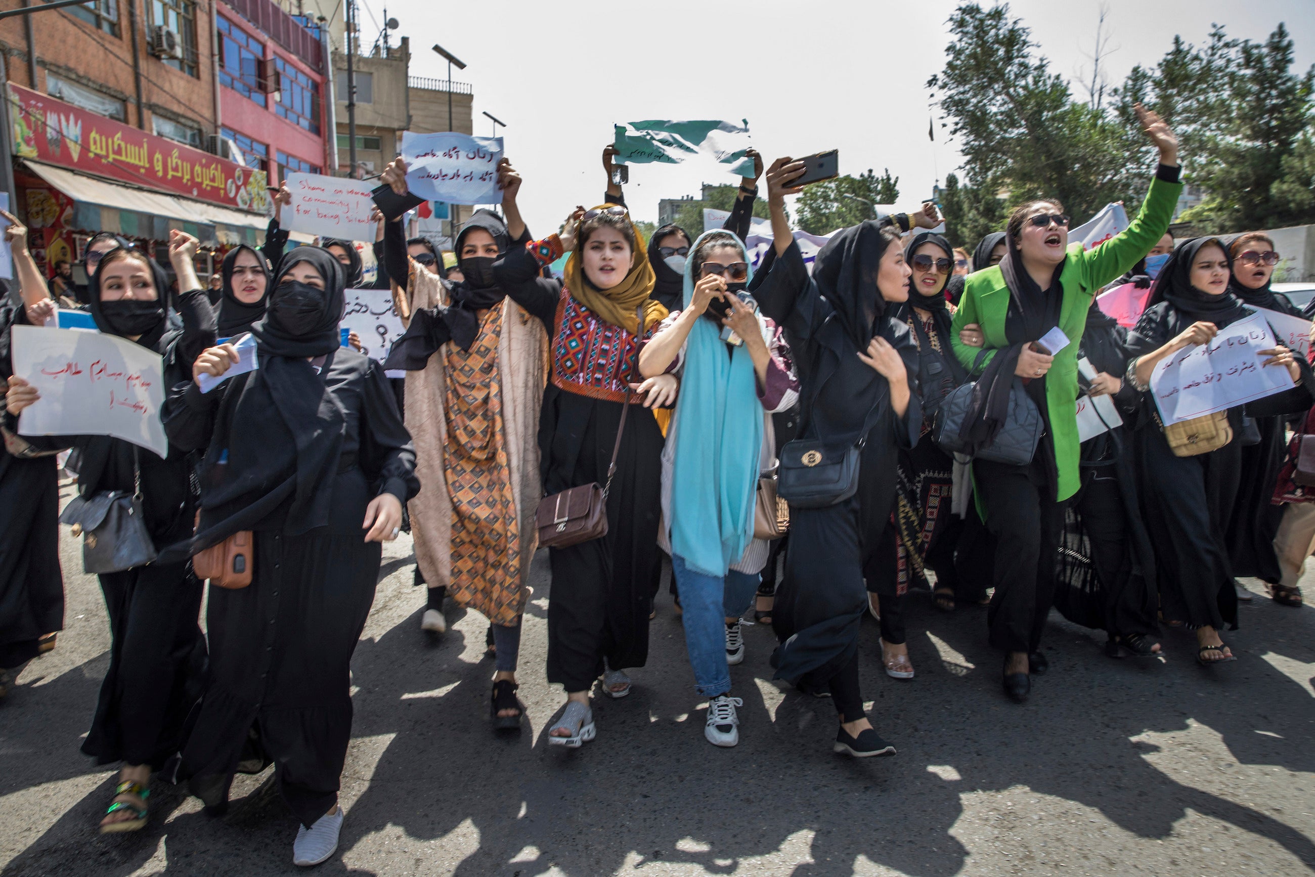 Afghan women demonstrate in the center of Kabul, Afghanistan.