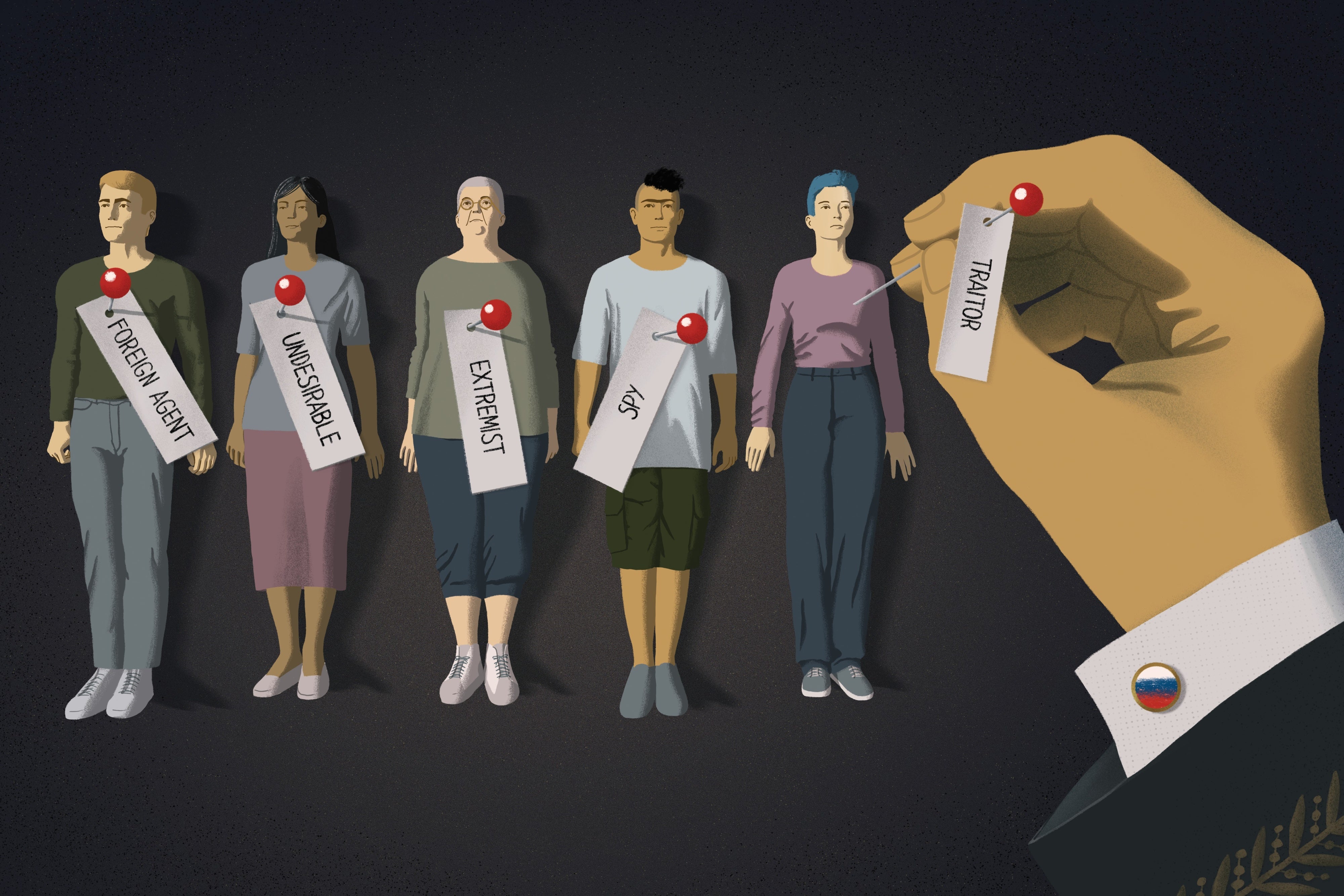 Ilustración de una mano pegando etiquetas a personas