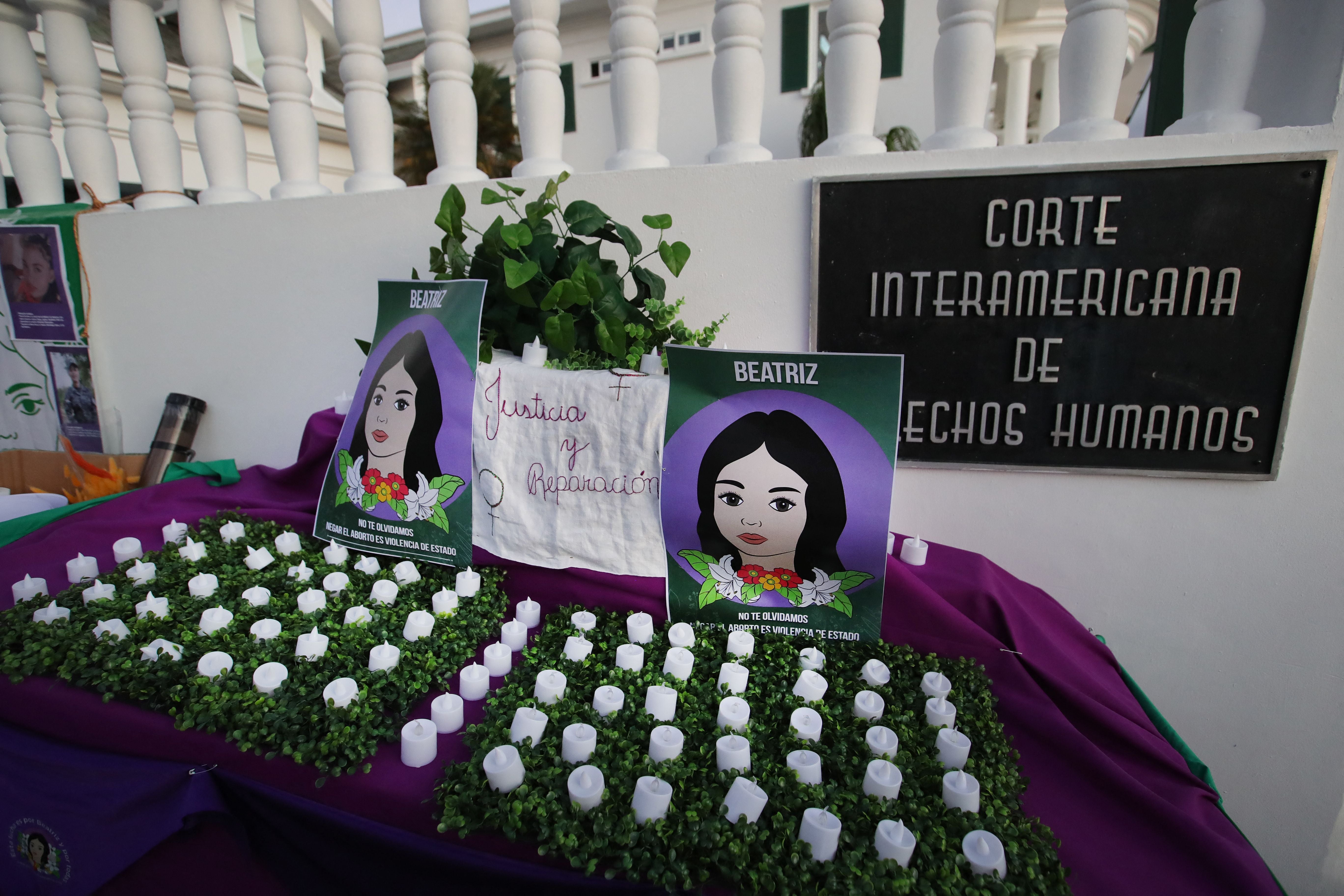 A vigil in memory of Beatriz prior to the hearing at the Inter-American Court of Human Rights taking El Salvador to task for denying her an abortion despite doctors knowing she was carrying a non-viable fetus at great risk to herself, outside the IACHR in San José, March 21, 2023.