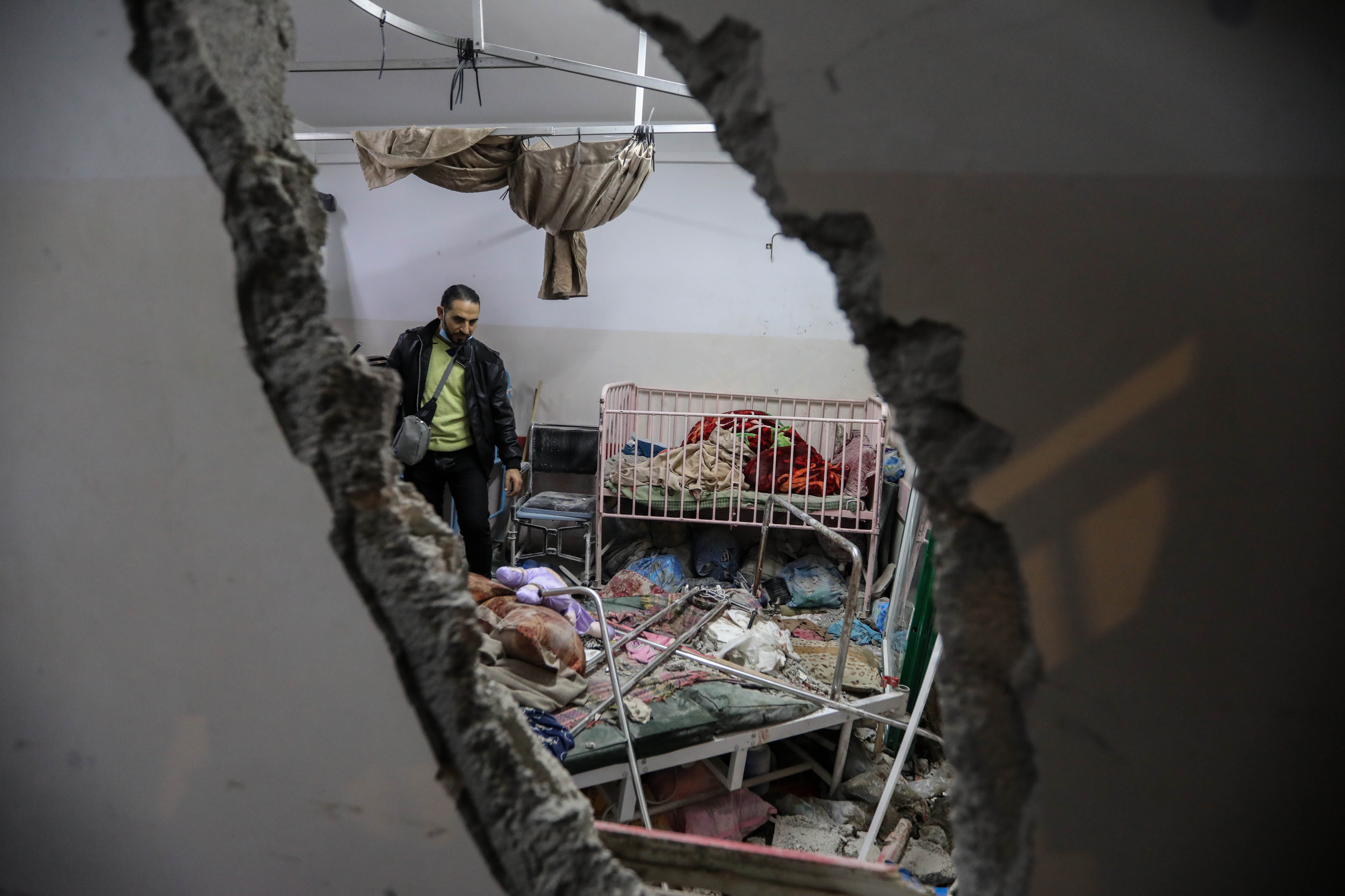 Damage caused by an artillery shell that hit the maternity hospital inside the Nasser Medical Complex, in Khan Yunis, Gaza, December 17, 2023. 
