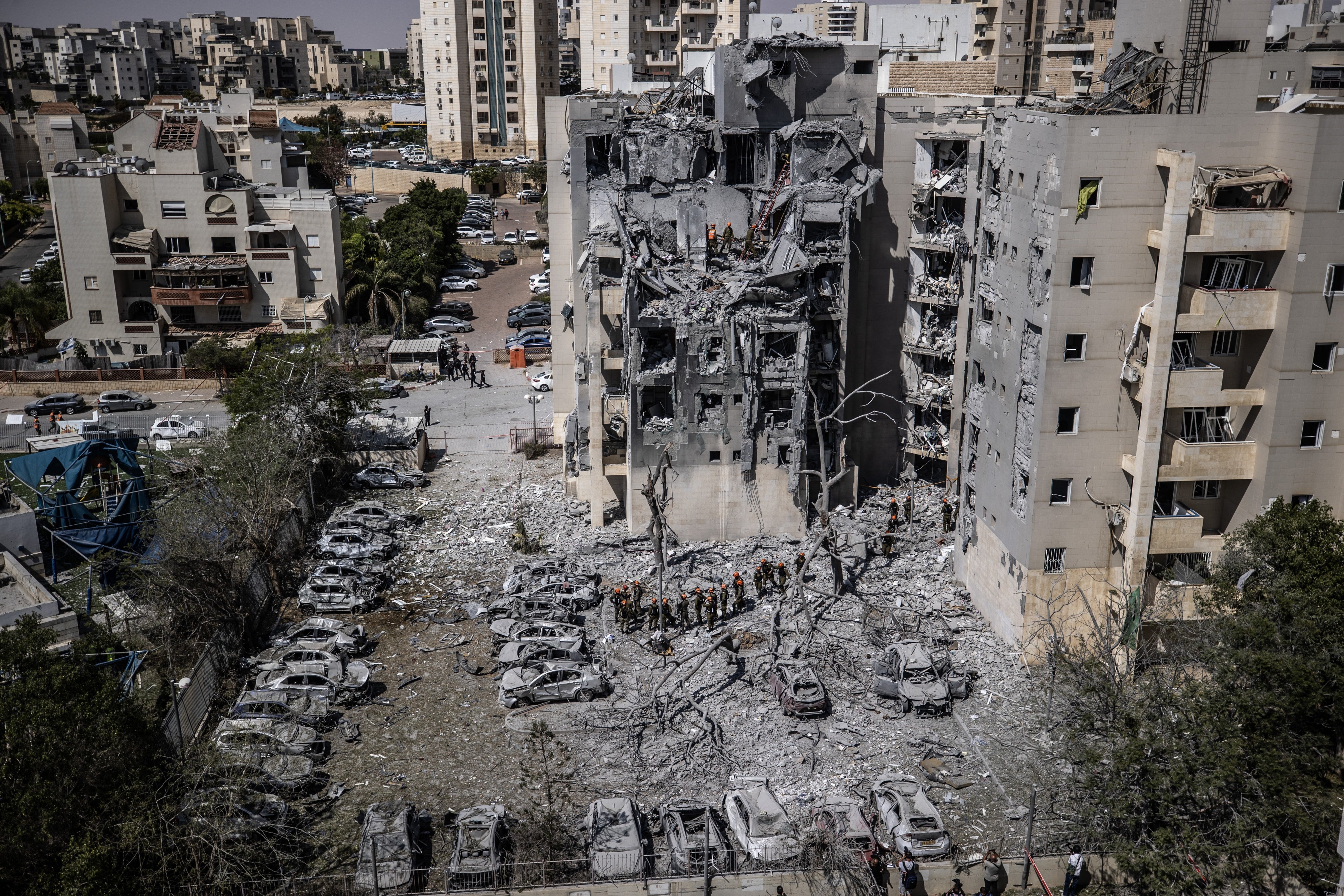 A seven-story residential building that partially collapsed after being hit by an Iranian missile in the southern Israeli city of Be’er Sheva, killing four people,  on June 24, 2025. 