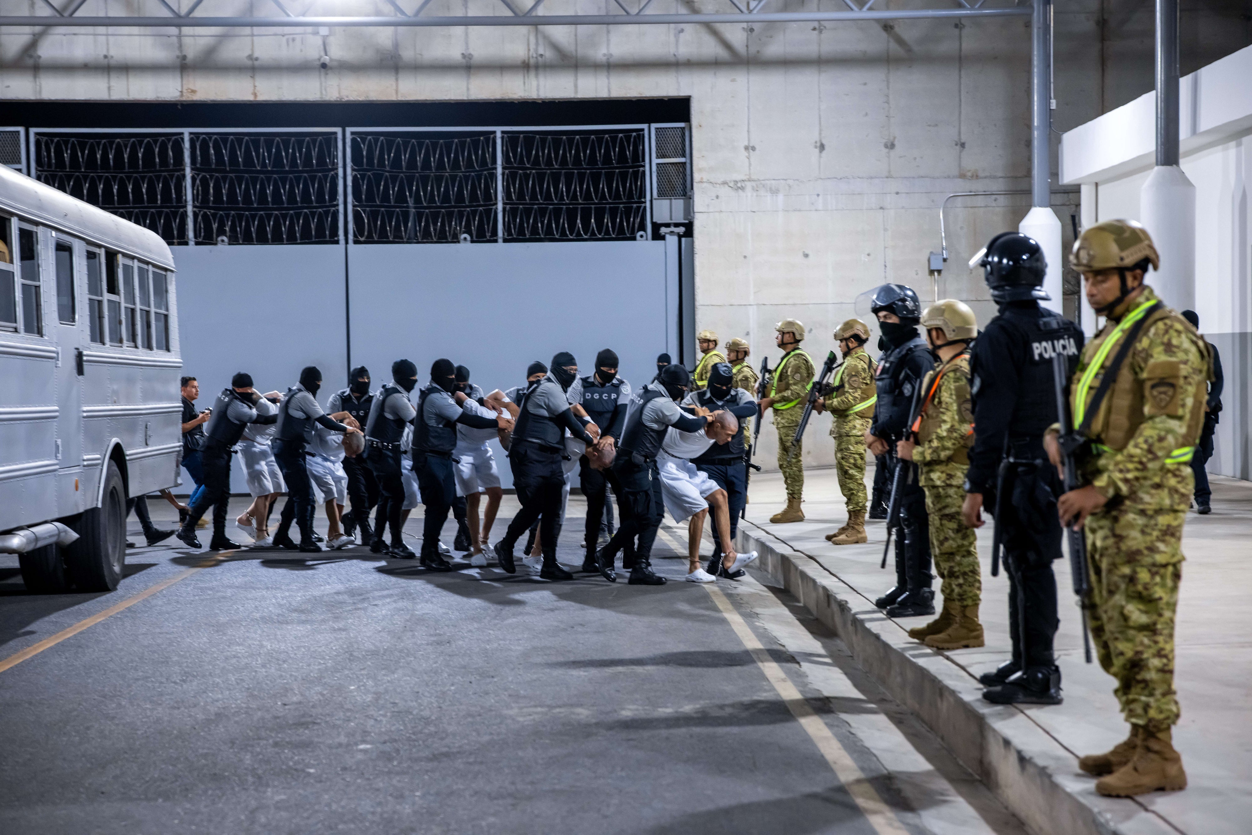 Venezuelans and Salvadorans nationals deported from the United States are transferred to the Center for Terrorism Confinement (CECOT) in San Salvador, El Salvador, on March 31, 2025.