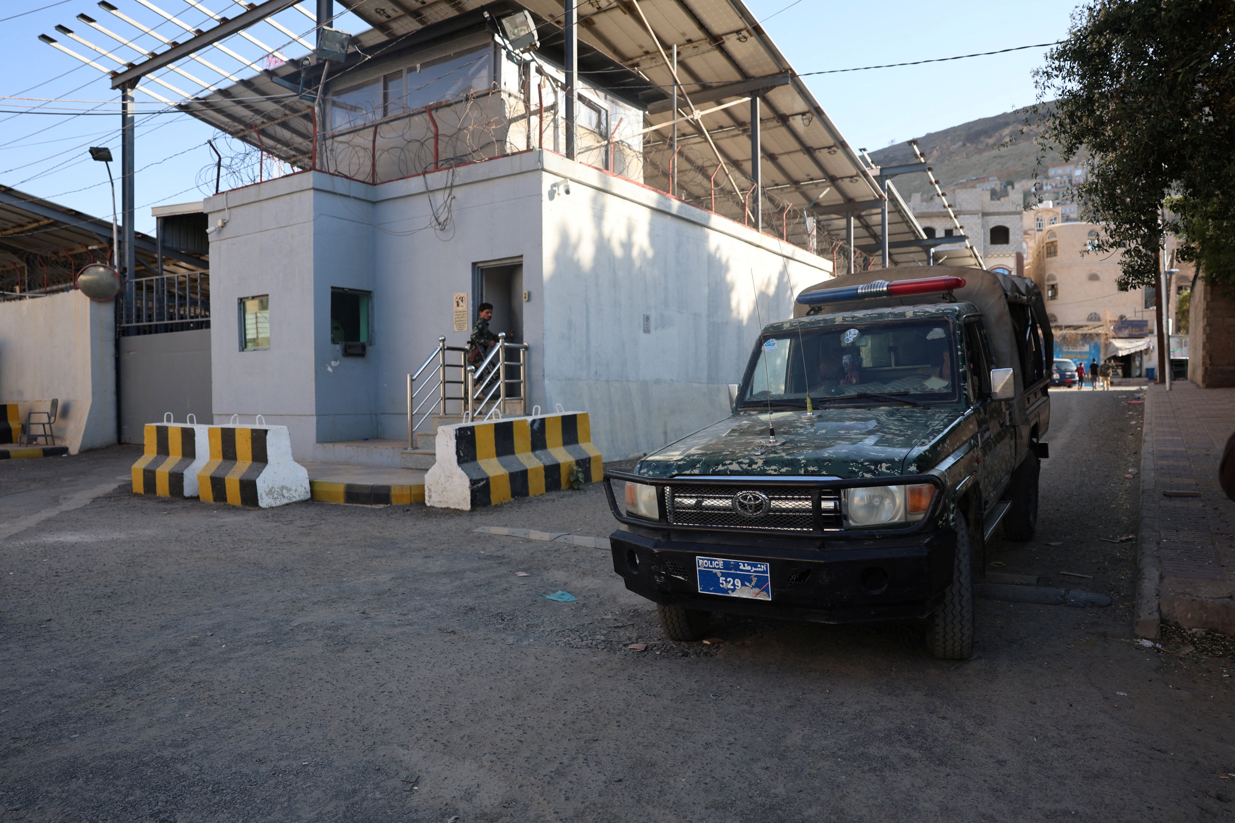 A police patrol vehicle outside the United Nations compound in Sanaa, Yemen, following reports of UN staff being detained by the Houthis, October 29, 2025.