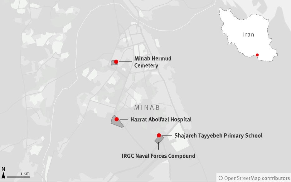 Carte de la ville de Minab, dans le sud de l’Iran, montrant plusieurs sites dont celui de l'école primaire Shajareh Tayyebeh.