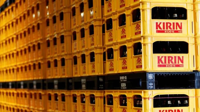 Plastic crates containing Kirin brand beer at the Kirin Brewery Co. factory in Yokohama, Japan, June 2019. 
