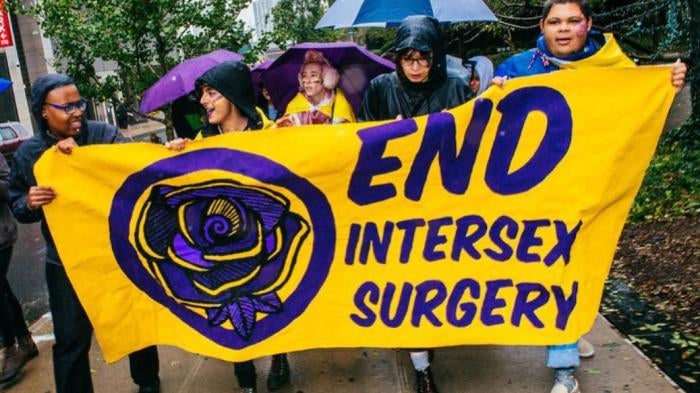 People rally to end intersex surgeries in New York City, October 27, 2018. 