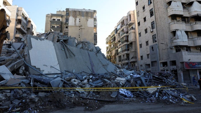 A damaged site of one of the branches of Al-Qard al-Hassan, a financial institution linked to Hezbollah, following Israeli airstrikes on October 20, 2024, in Chiyah, Lebanon.