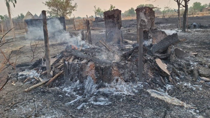Remnants of a burnt tukul (homes) in Mathiang