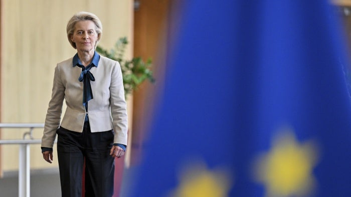 European Commission President Ursula von der Leyen arrives to attend a meeting with leaders of the European chemical industry at EU headquarters in Brussels, May 12, 2025. 