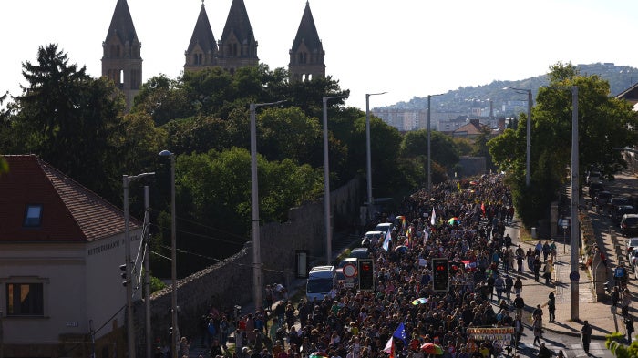 People attend the Pecs Pride March, which was banned by police, in Pecs, Hungary, October 4, 2025.