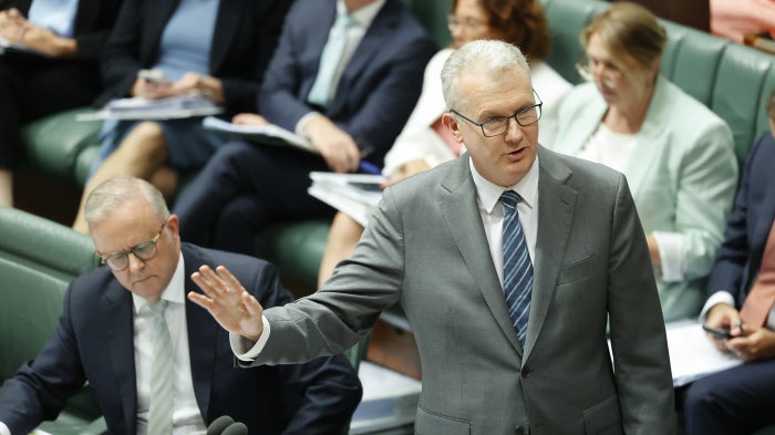 Minister for Home Affairs Tony Burke (right) addresses the chamber at Parliament House in Canberra, Australia, January 20, 2026. 