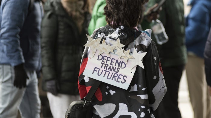 Demonstrators march through central London to protest a restriction on puberty-delaying medications in London, United Kingdom, on April 20, 2024.