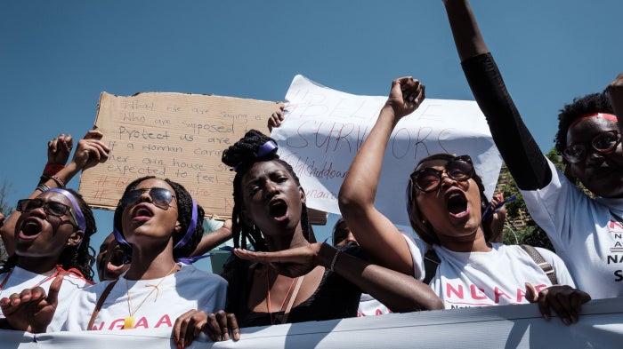People participate in a march held to call a halt to gender-based violence on International Women's Day in Nairobi, Kenya, March 8, 2019.