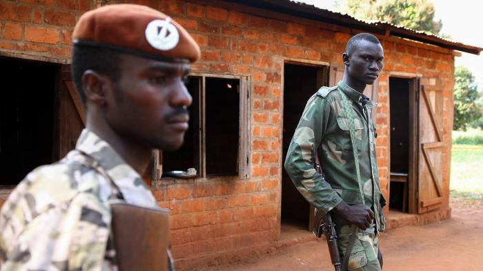 UPC fighters outside a kindergarten in Ngadja, Ouaka province. The fighters have used the building as a base since October 2014. 