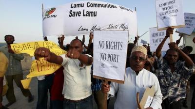 Residents and environmental activists  protesting against  lack of consultations and government failure to address environmental concerns in respect ofo the proposed Lamu Port-South Sudan-Ethiopia (LAPSSET) project in Lamu island, Kenya, March 1, 2012.
