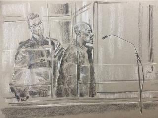 A courtroom sketch showing Kunti Kamara addressing the Paris Criminal Court during his trial, October 2022.