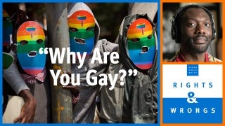 Rights & Wrongs logo and title over images of gay rights activists wearing rainbow masks.