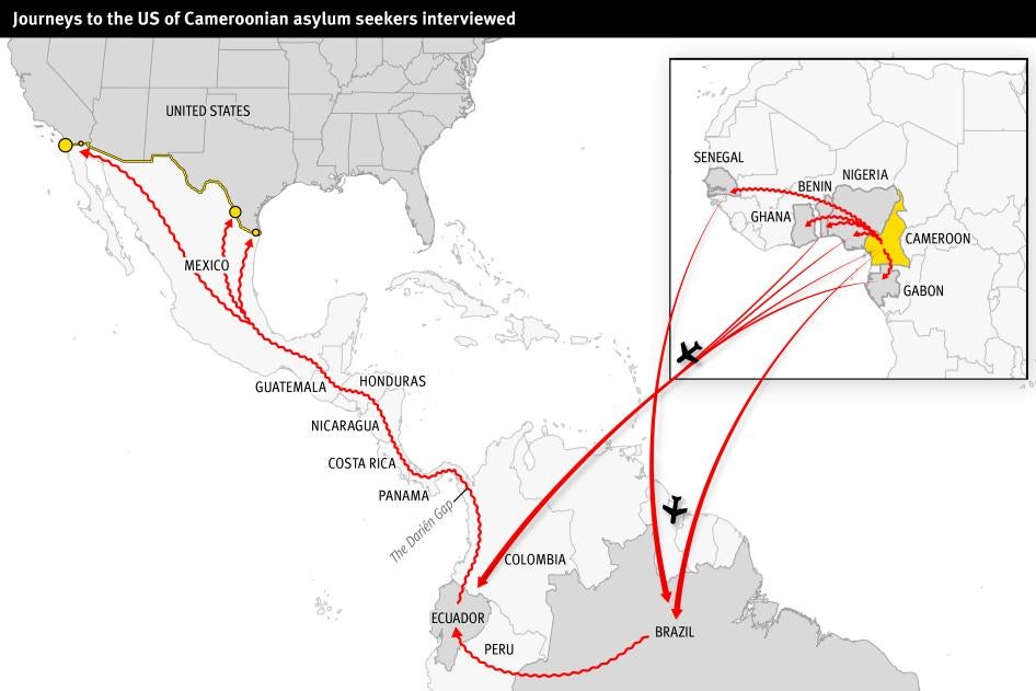 Map showing travel routes from Cameroon to North and South America