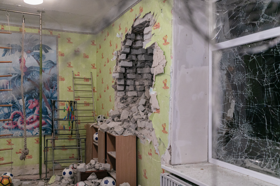 Damage from the shelling of a kindergarten in the settlement of Stanytsia Luhanska, Ukraine, February 17, 2022. 