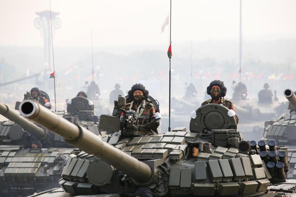 Military personnel participate in a parade on Armed Forces Day in Naypyidaw, Myanmar, Saturday, March 27, 2021.