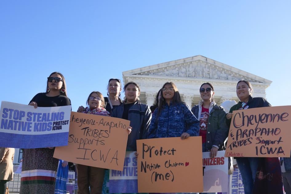 Demonstrators stand outside of the U.S. Supreme Court, as the court hears arguments over the Indian Child Welfare Act, Washington DC, November 9, 2022.
