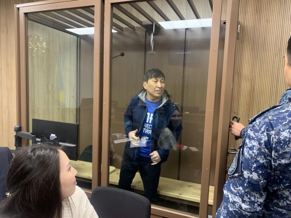 Marat Zhylanbaev, leader of the unregistered opposition party “Alga, Kazakhstan!” at his preliminary hearing in Astana, Kazakhstan on October 30, 2023. 