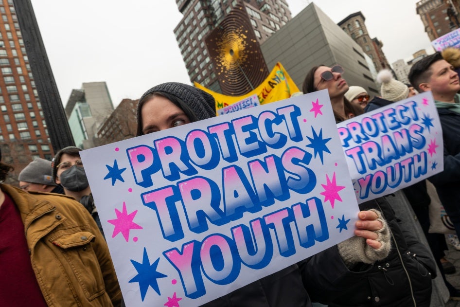 People attend a rally in Union Square supporting transgender youth, New York City, US, February 8, 2025.