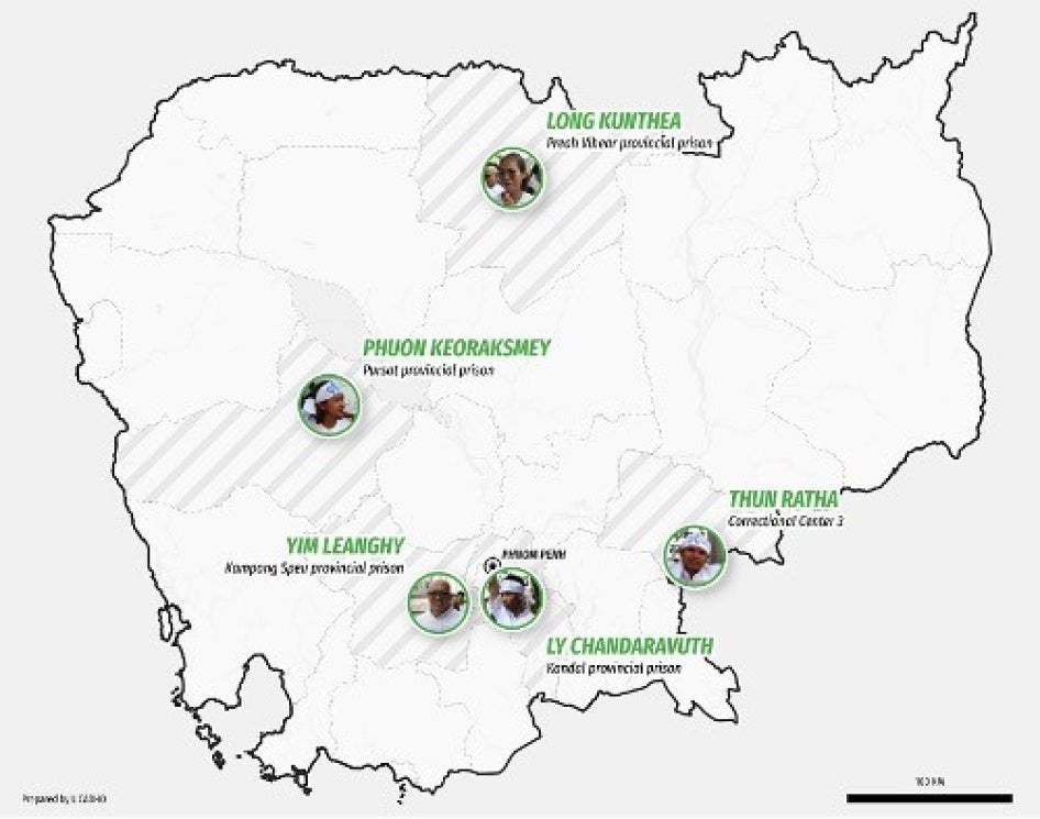 Carte du Cambodge montrant les sites des prisons où sont incarcérés cinq activistes de l’ONG écologiste Mother Nature, suite à leur condamnation le 2 juillet 2024.