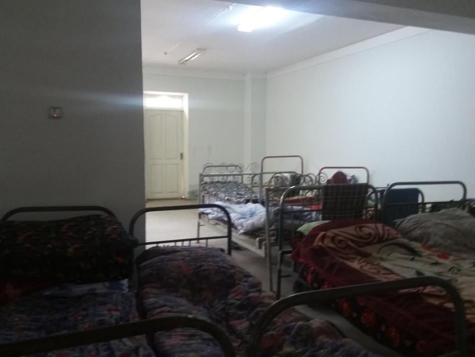 Makeshift living quarters in a school for students picking cotton, Syrdarya region, September 2016.