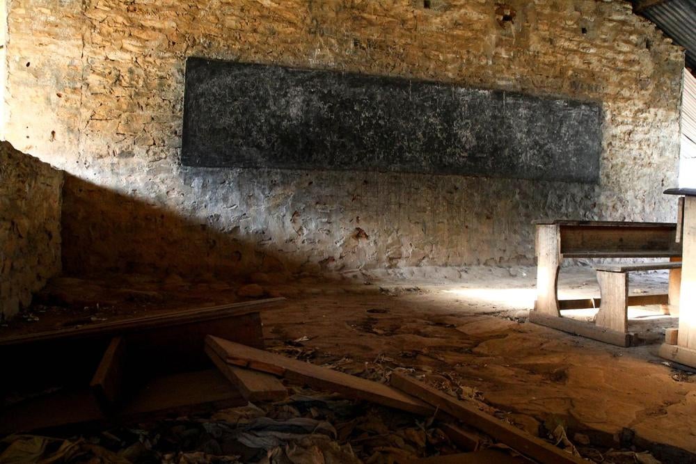 The boys primary school in Mbrès, mostly closed since 2013. Seleka MPC fighters left the school building in December 2016 but are based meters away.