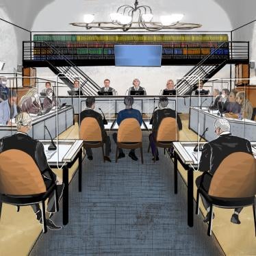 A view of a courtroom from the back