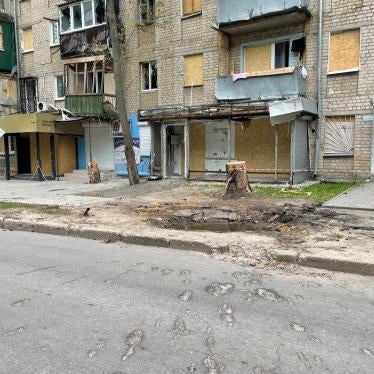 The location of a projectile that detonated in the middle of a populated neighborhood in Kharkiv city, one of at least six, on May 26, that killed Oleksandra Korostelova’s husband, their 4-month-old son, and another civilian, May 27, 2022.