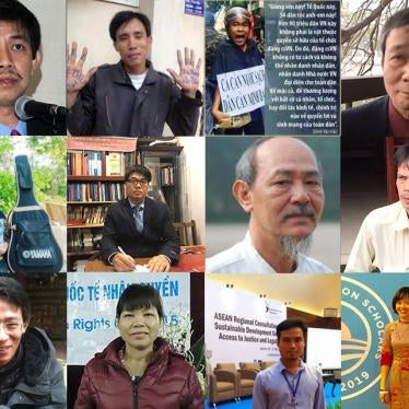 Twelve Vietnamese rights activists and bloggers currently detained for exercising their basic rights. Top row from left to right: Tran Huynh Duy Thuc, Hoang Duc Binh, Dinh Van Hai, Nguyen Tuong Thuy. Center row:  Pham Doan Trang, Le Trong Hung, Pham Chi Thanh, Pham Chi Dung. Bottom row: Nguyen Lan Thang, Can Thi Theu, Dang Dinh Bach, Hoang Thi Minh Hong.