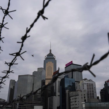 Hong Kong's cityscape through barbed wire.