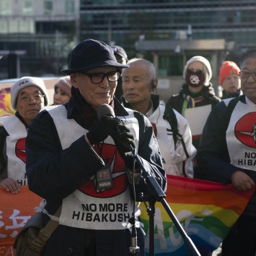 Atomic bomb survivors from Japan rally opposite the United Nations in New York during a meeting of the Treaty on the Prohibition of Nuclear Weapons, November 2023.