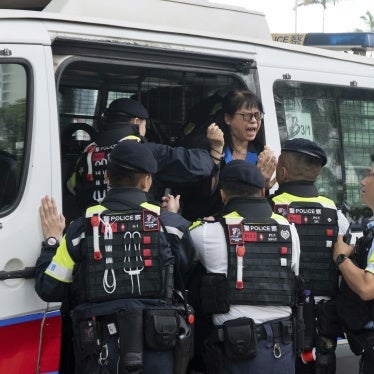 Elsa Wu, foster mother of activist Hendrick Lui, was taken into a police van outside a court