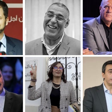 Several of the people tried and convicted in the “Conspiracy Case” on April 19, 2025, in Tunis, Tunisia. Top row (L-R): Noureddine Bhiri, Khayam Turki, Abdelhamid Jelassi, Ghazi Chaouachi, and Lazhar Akremi. Bottom row (L-R): Ridha Belhaj, Issam Chebbi, Chaima Issa, Jaouhar Ben Mbarek and Said Ferjani. 