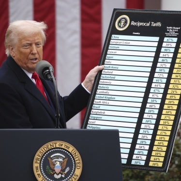 US President Donald Trump displays a chart with proposed US tariffs at the White House in Washington, DC, on April 2, 2025.