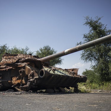 A charred T-72 tank lay on the road that connects Shiraro to Shire in Ethiopia's Tigray region, October 12, 2024. 