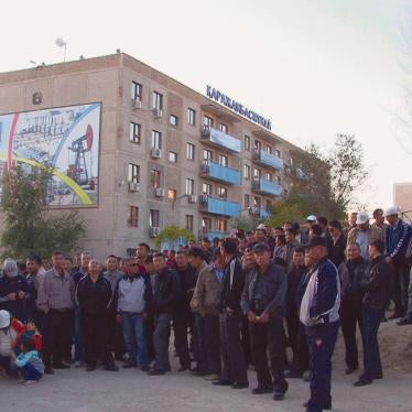 KarazhanbasMunai oil workers on strike outside company offices in Aktau, Kazakhstan in October 2011.