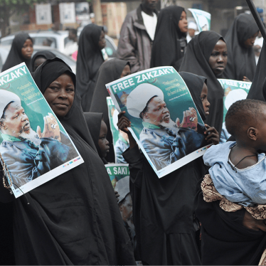 Members of Islamic Movement of Nigeria, a Shia group, demand the release of the group’s leader, Sheik Ibrahim Zakzaky, who was arrested on December 14, 2015. 