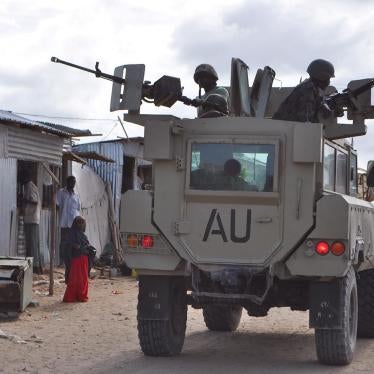 AMISOM troops patrolling the Zona-K camp for displaced people in Mogadishu’s Hodan district in June 2012.