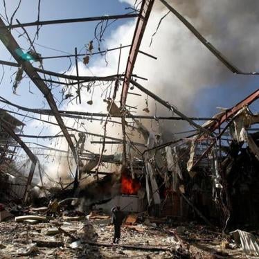 The remains of a community hall in Sanaa, the capital of Yemen, after Saudi-led coalition warplanes attacked a funeral ceremony there on October 8, 2016. 