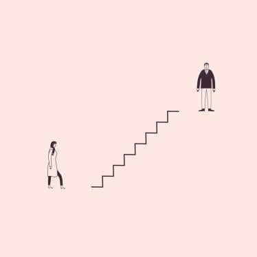 Illustration of an Iranian women at the bottom of stairs and a man at the top. 