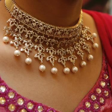 View of gold and diamond wedding jewelry at Tanishq Jewellery House in Ludhiana, Punjab, India, October 2009.  